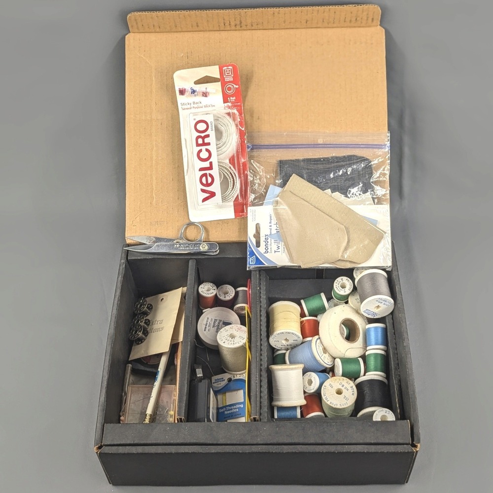 Vintage Sewing Kit Lot Singer Needles Thread Lufkin Tape Measure Decorative Box